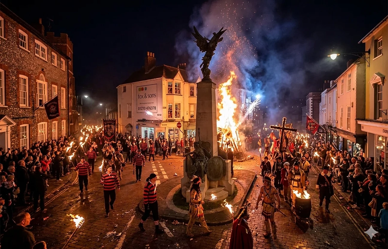 Lewes War Memorial on Bonfire Night